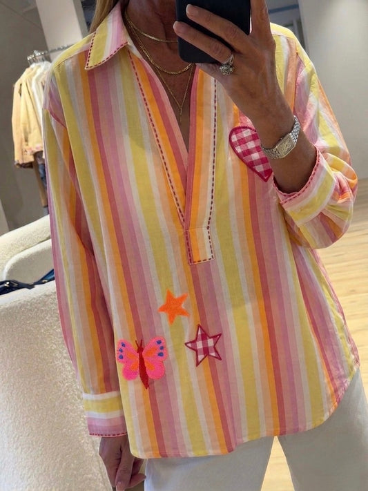 Hand embroidery yellow striped shirt