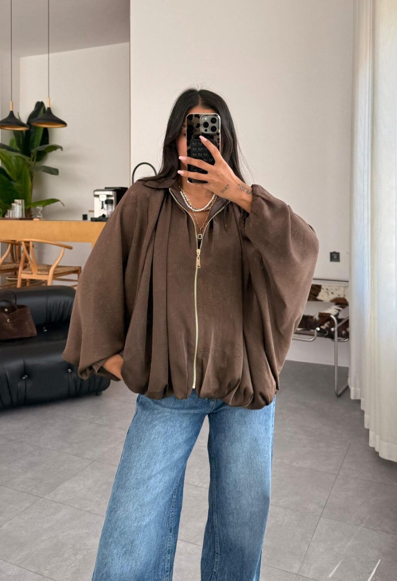 Oversized Brown Satin batwing sleeve Jacket