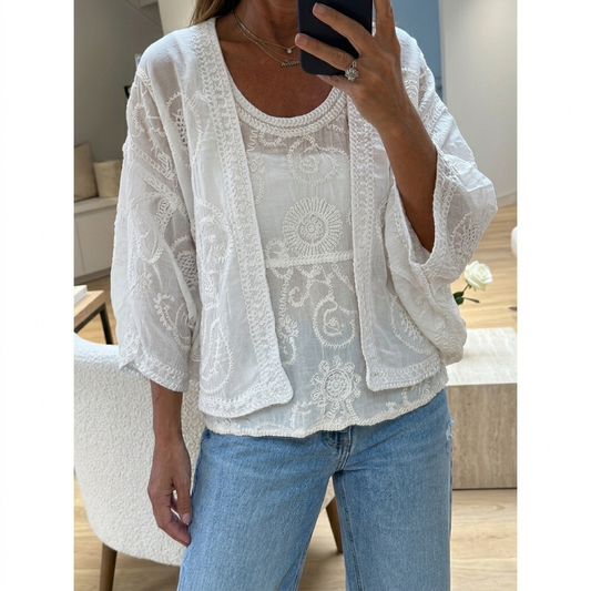 White Crochet 2 Piece Cardigan with sleeveless Top