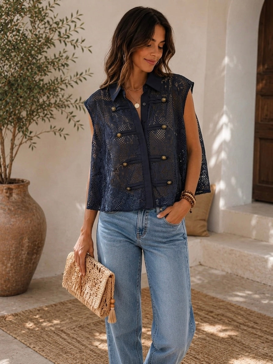 Lace Navy Double Buttons Gillet