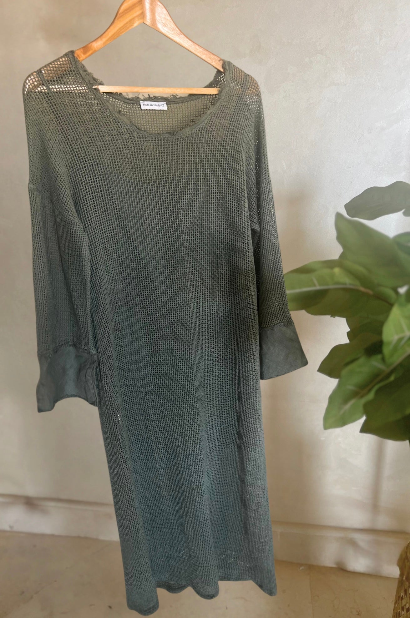 Mesh Italian 🇮🇹 Pure Linen Olive Midi Dress