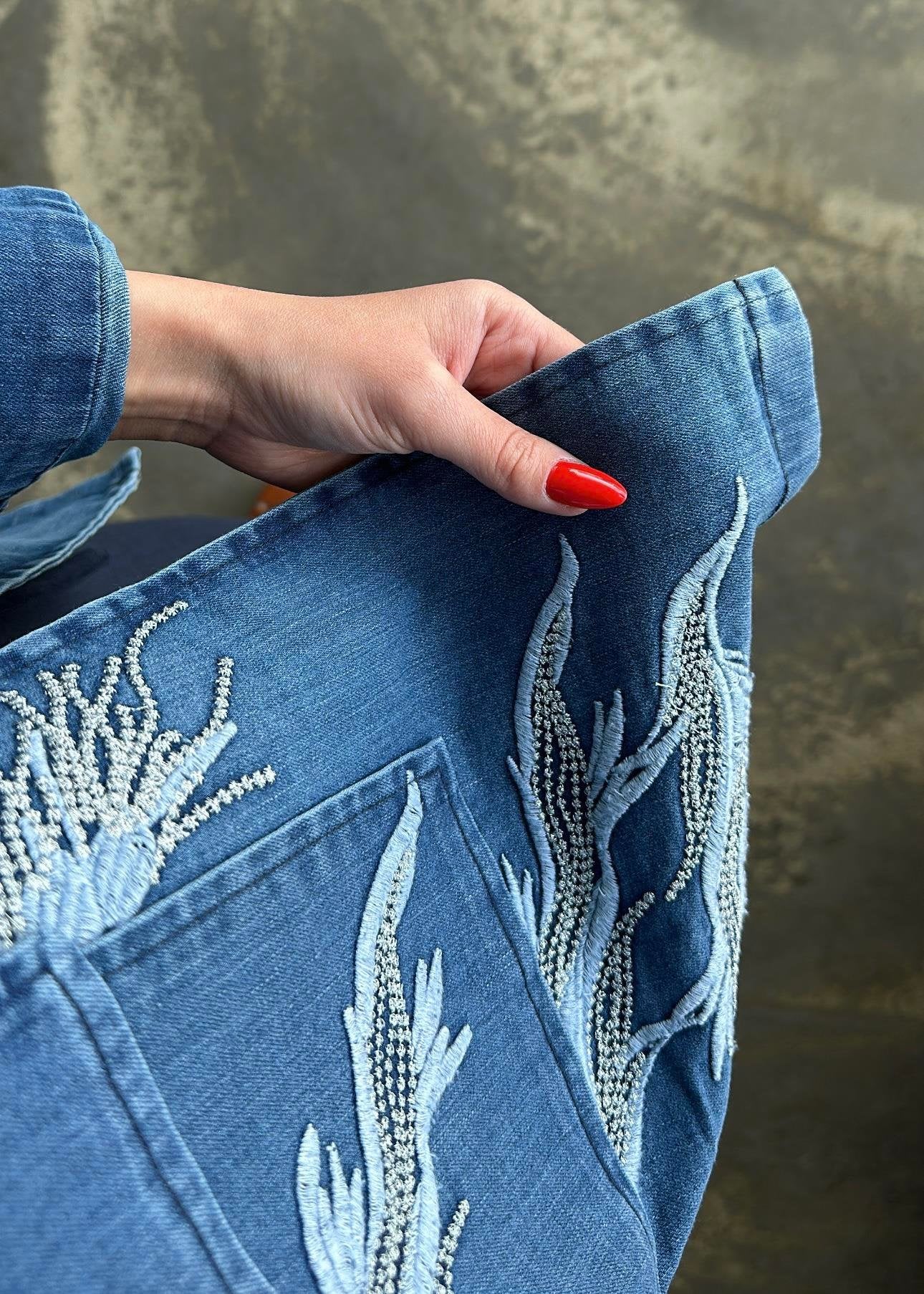 Embroidered Denim Jacket with Pockets