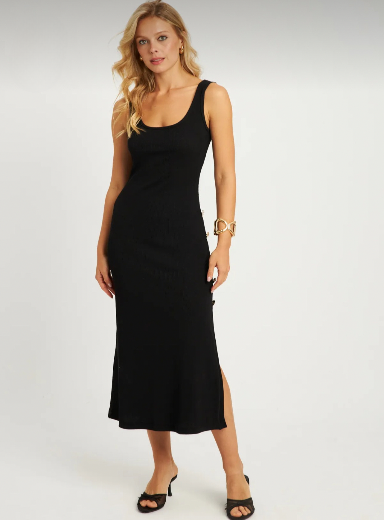 Cotton Black Dress With Gold Buttons