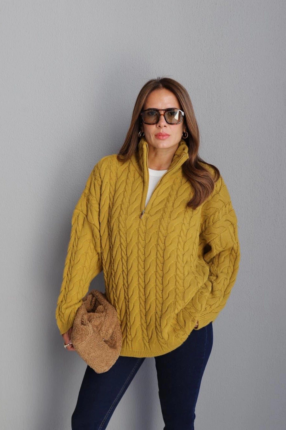 Braided Mustard Oversized Sweater