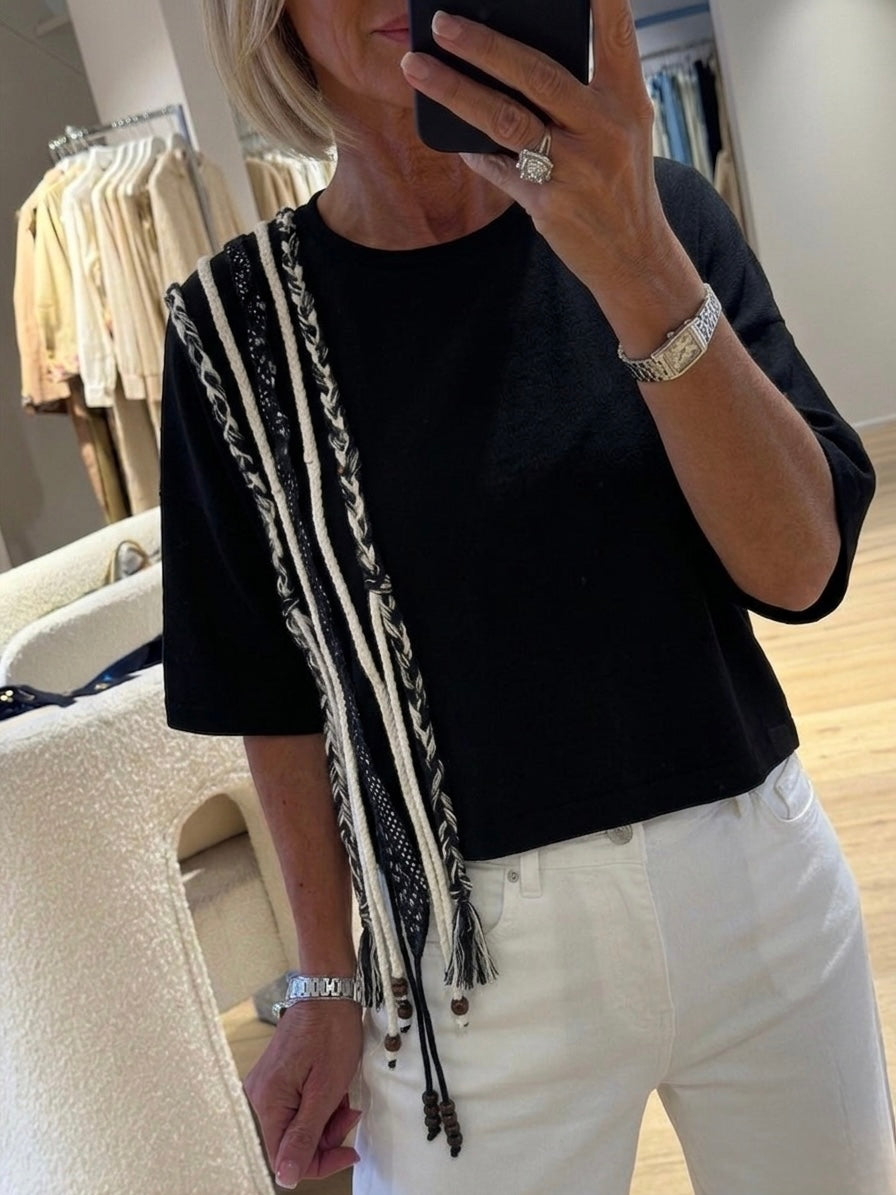 Black cotton Tshirt with tassle details