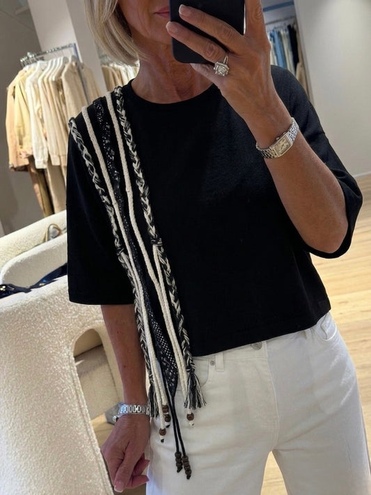 Black cotton Tshirt with tassle details