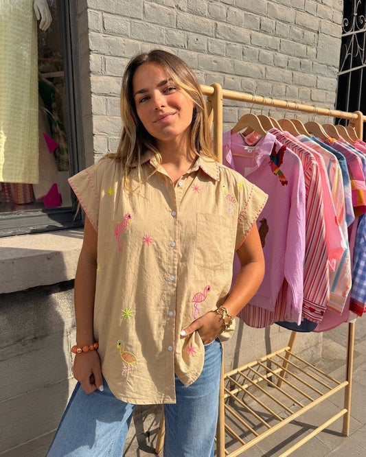 Hand embroidery Beige Flamingo shirt