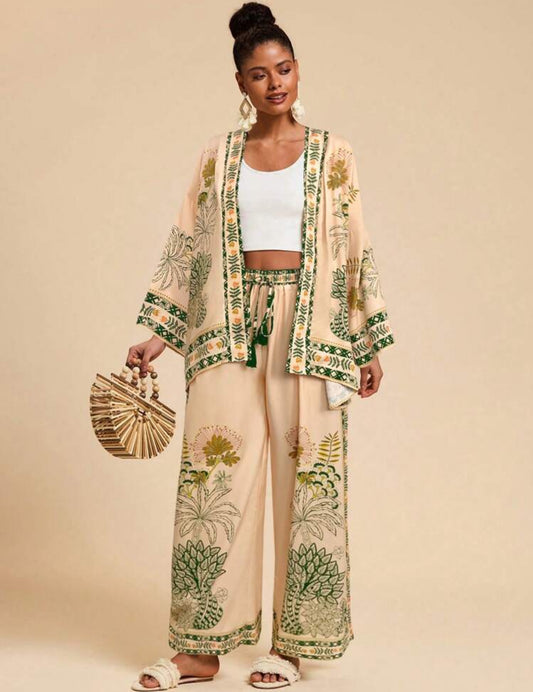 Printed Cardigan/wide Leg Pants Set