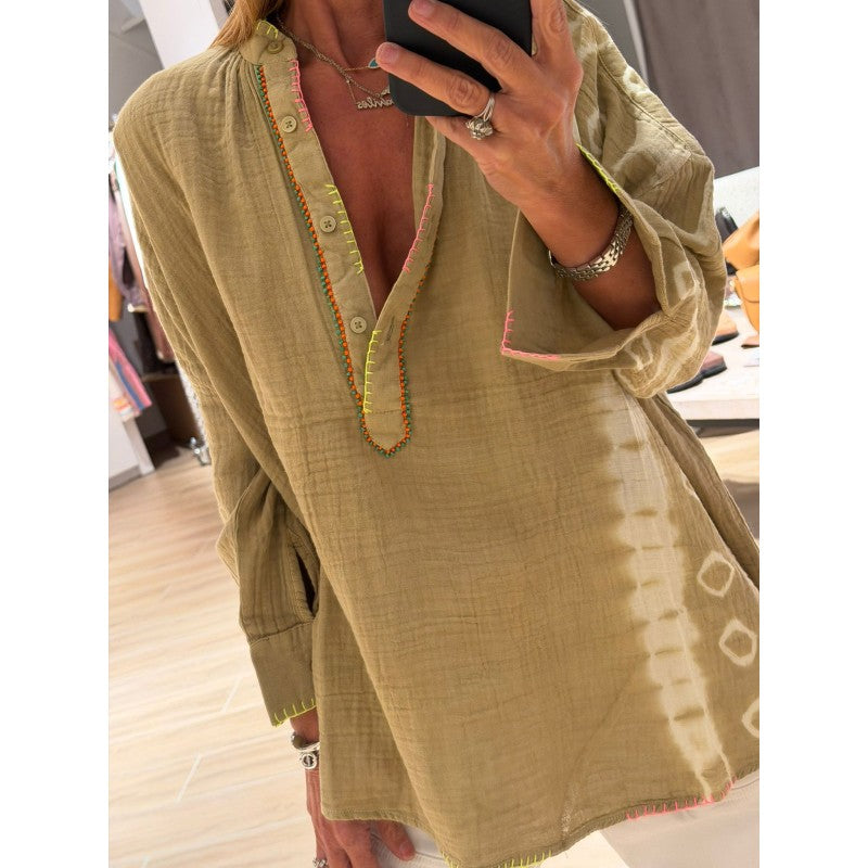 Hand Embroidery Tie Dye beige shirt