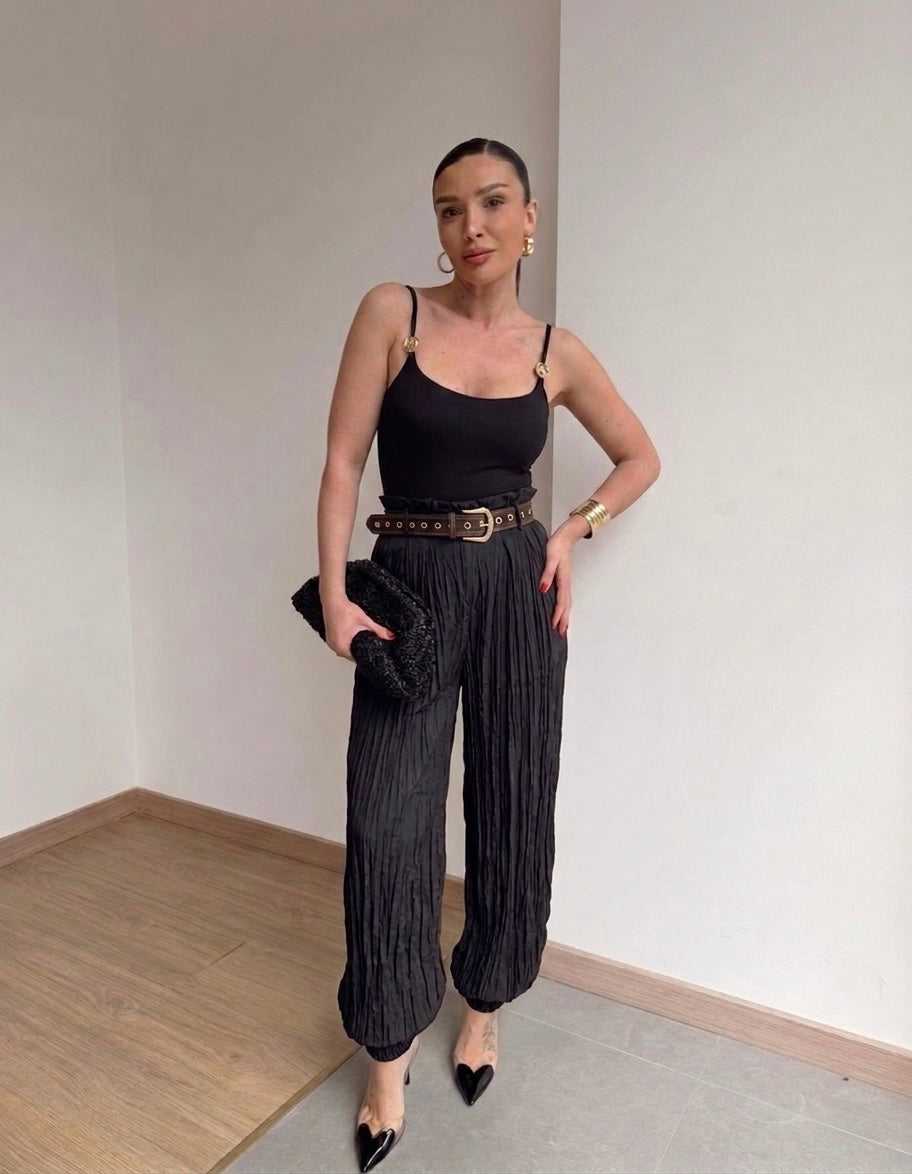 Satin Belted balloon Black Pants