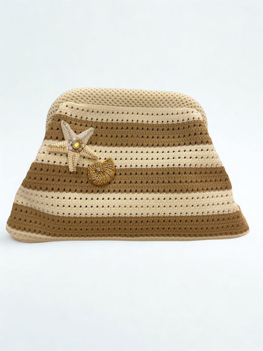 Beige Striped Embellishment Clutch