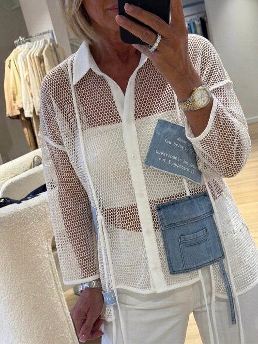 Mesh white Shirt with denim patchwork