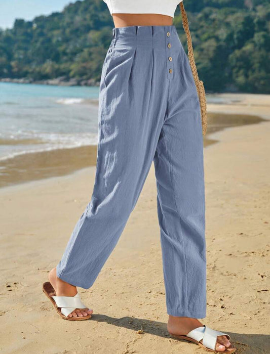 100% Cotton Blue High waist button fly fold pleated pants