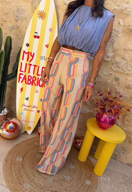 Knit Colorful Beige Wide Leg Pants