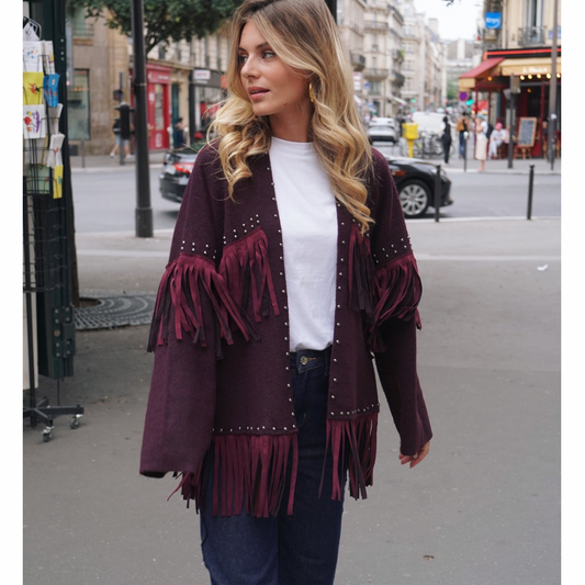 Burgundy Wool fringes Cardigan