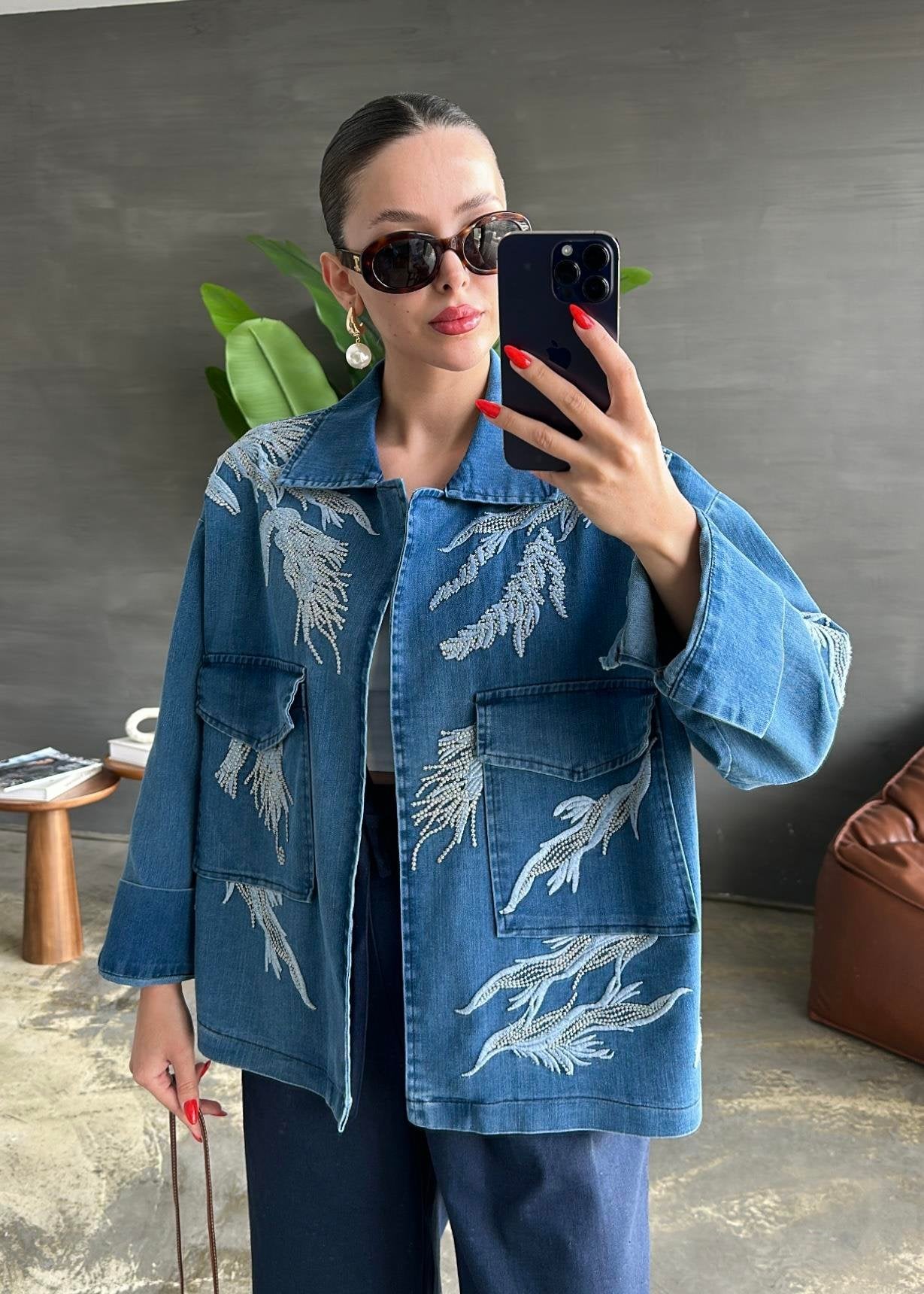 Embroidered Denim Jacket with Pockets