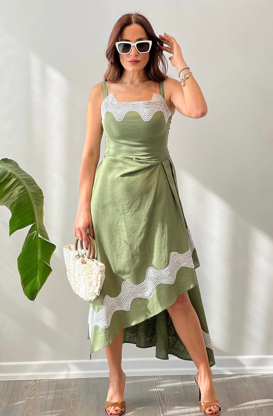 Green linen asymmetrical Dress