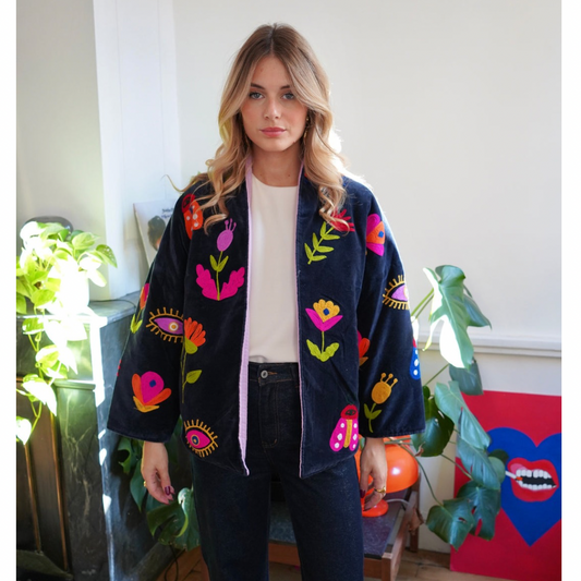 Premium Navy Velvet Embroidered Cardigan