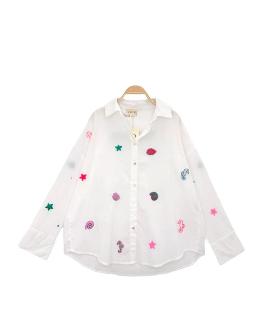 Hand embroidery White shells shirt