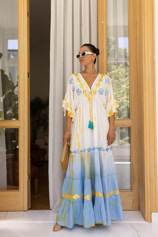 Embroidered Blue/Yellow Maxi Dress