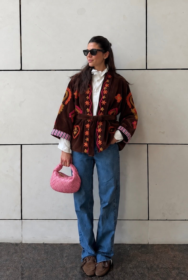 Brown Embroidered Padded Jacket