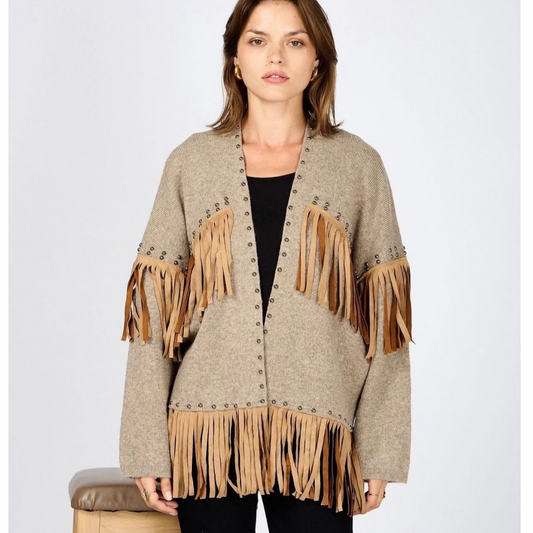Beige Wool fringes Cardigan