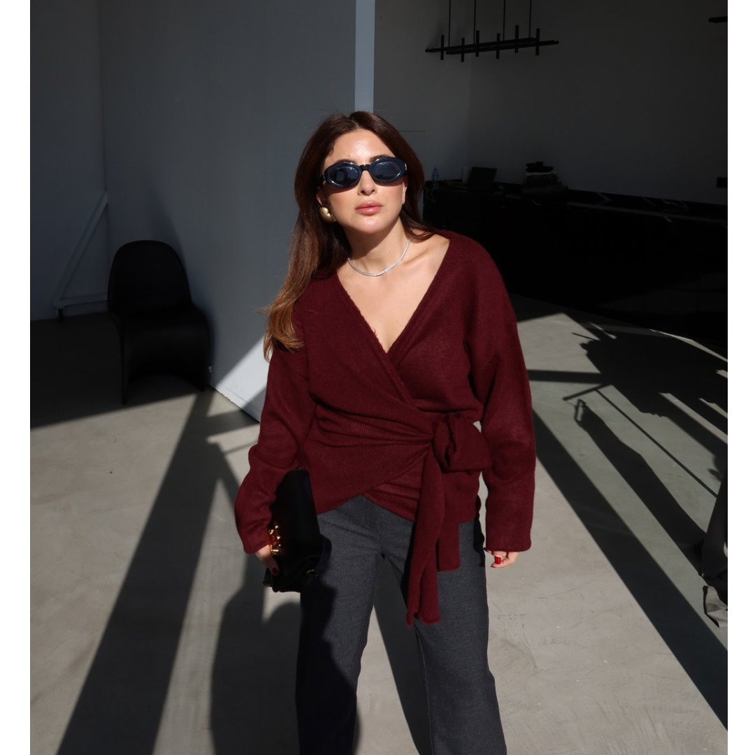 Burgundy Knitted wrapped Sweater
