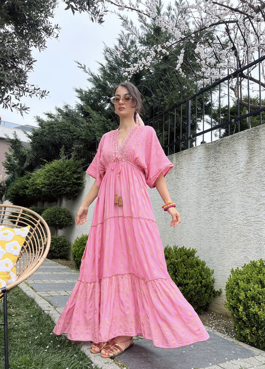 Embroidered Maxi Pink Dress