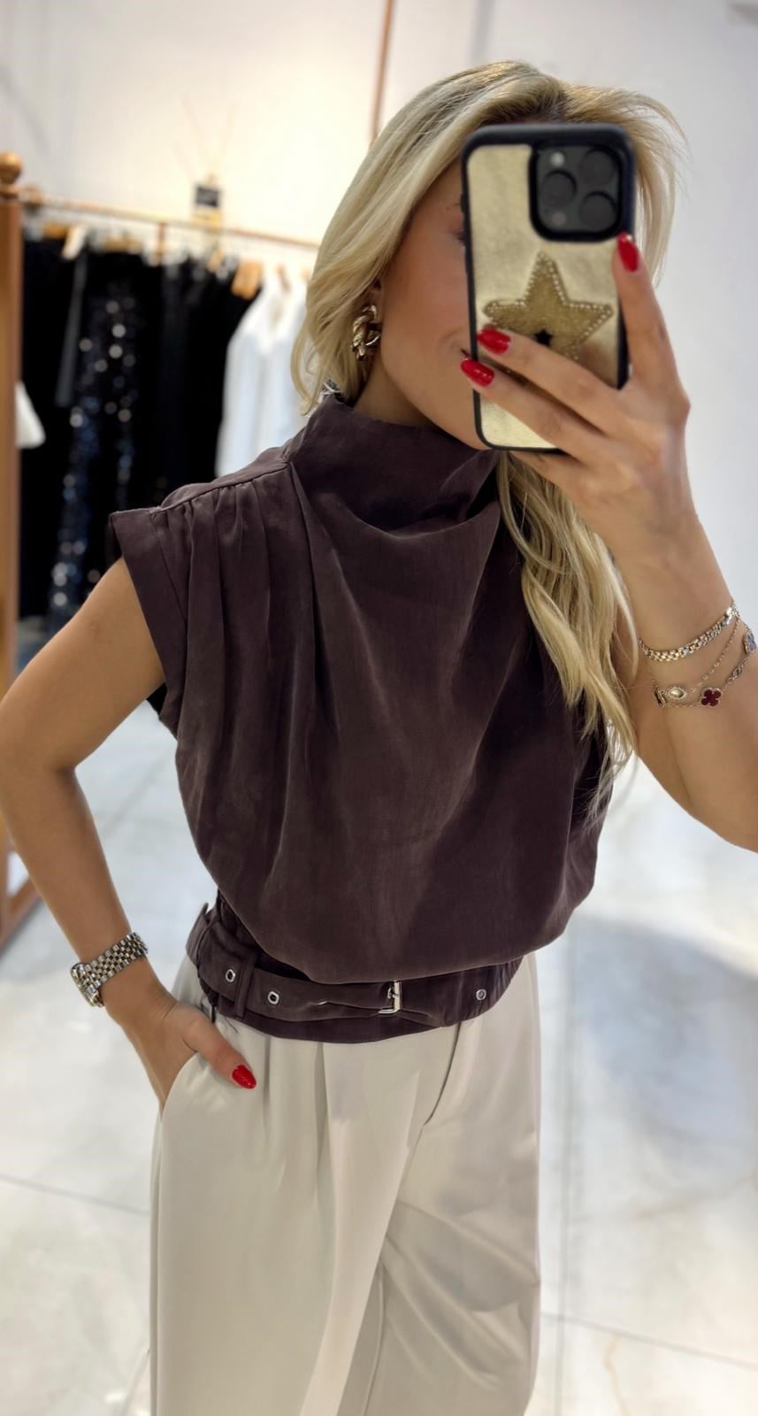 Brown Crep waist Buckle Top