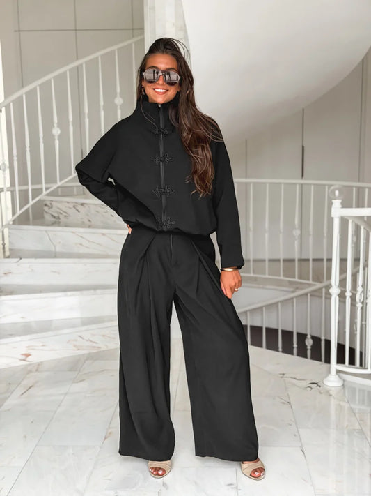 Black Crep Wide Leg Pants Set