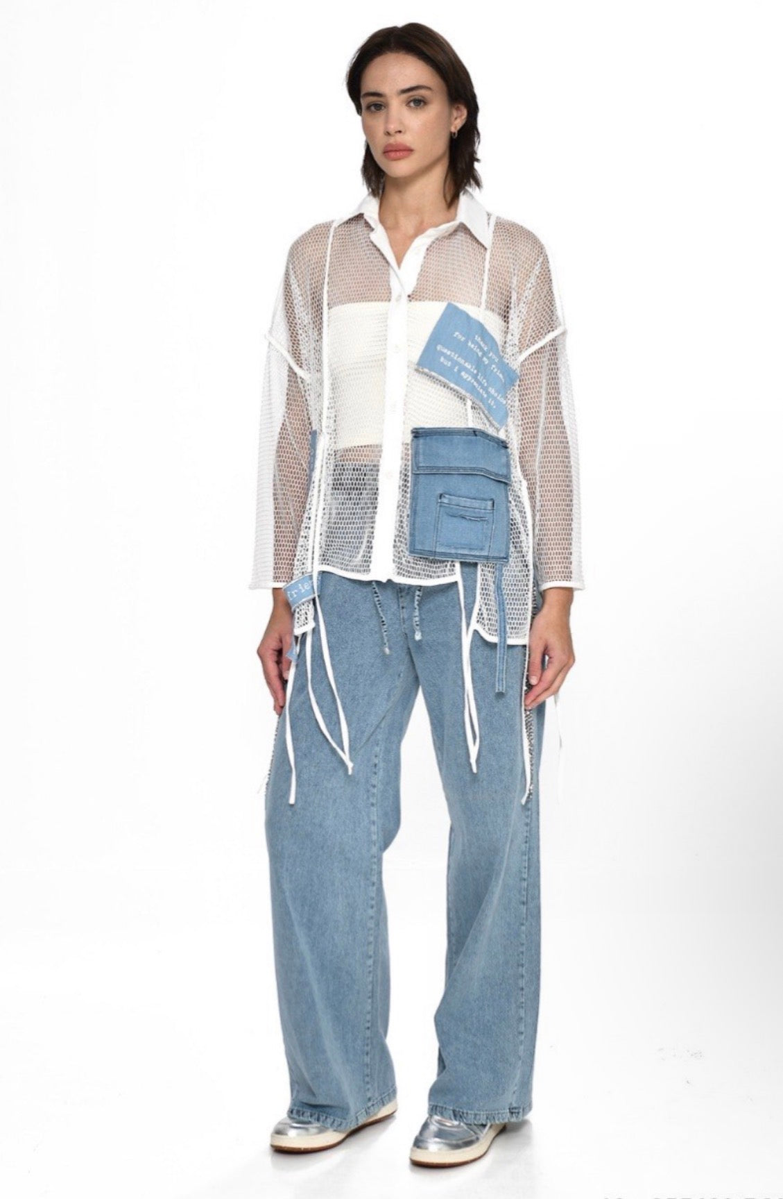 Mesh white Shirt with denim patchwork