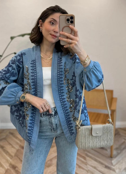 Navy Embroidered with Sequins Denim Cardigan