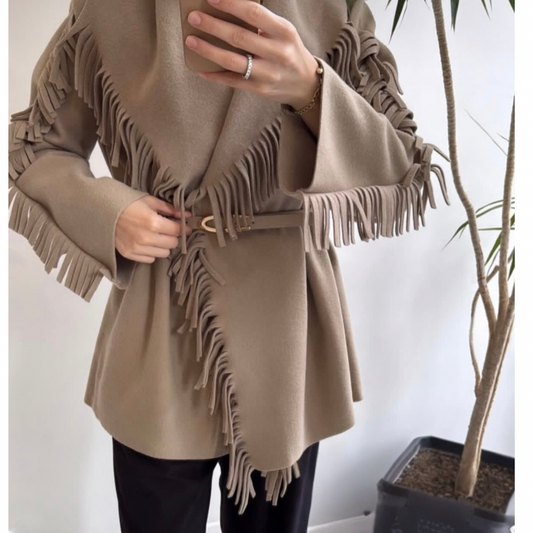 Beige Wool fringes cardigan with belt