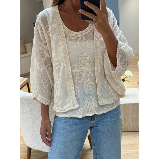 Beige Crochet 2 Pieces Cardigan with sleeveless Top