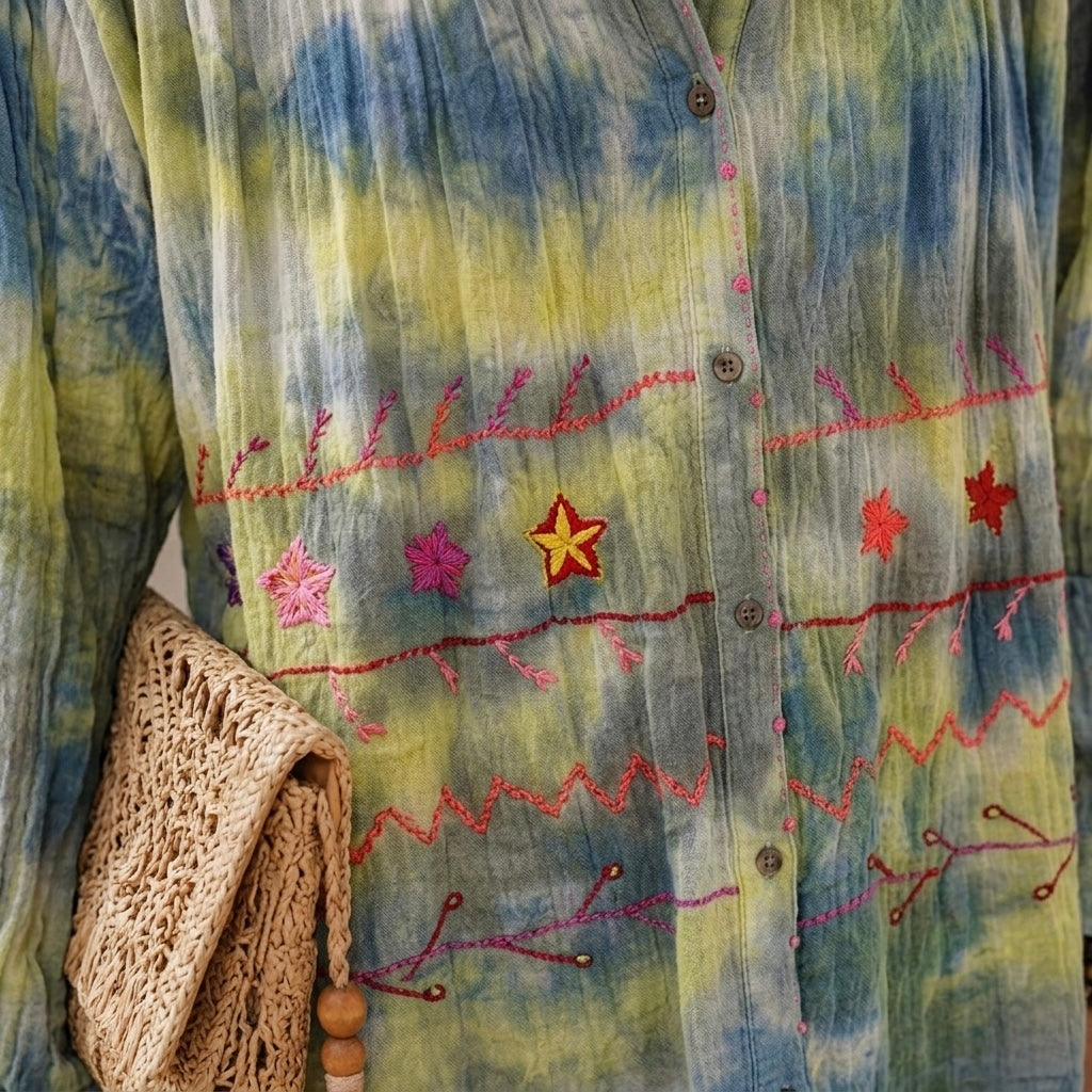 Tie Dye Embroidery Cotton Shirt