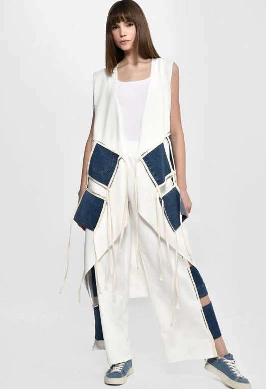 White x Denim patchwork Long Vest