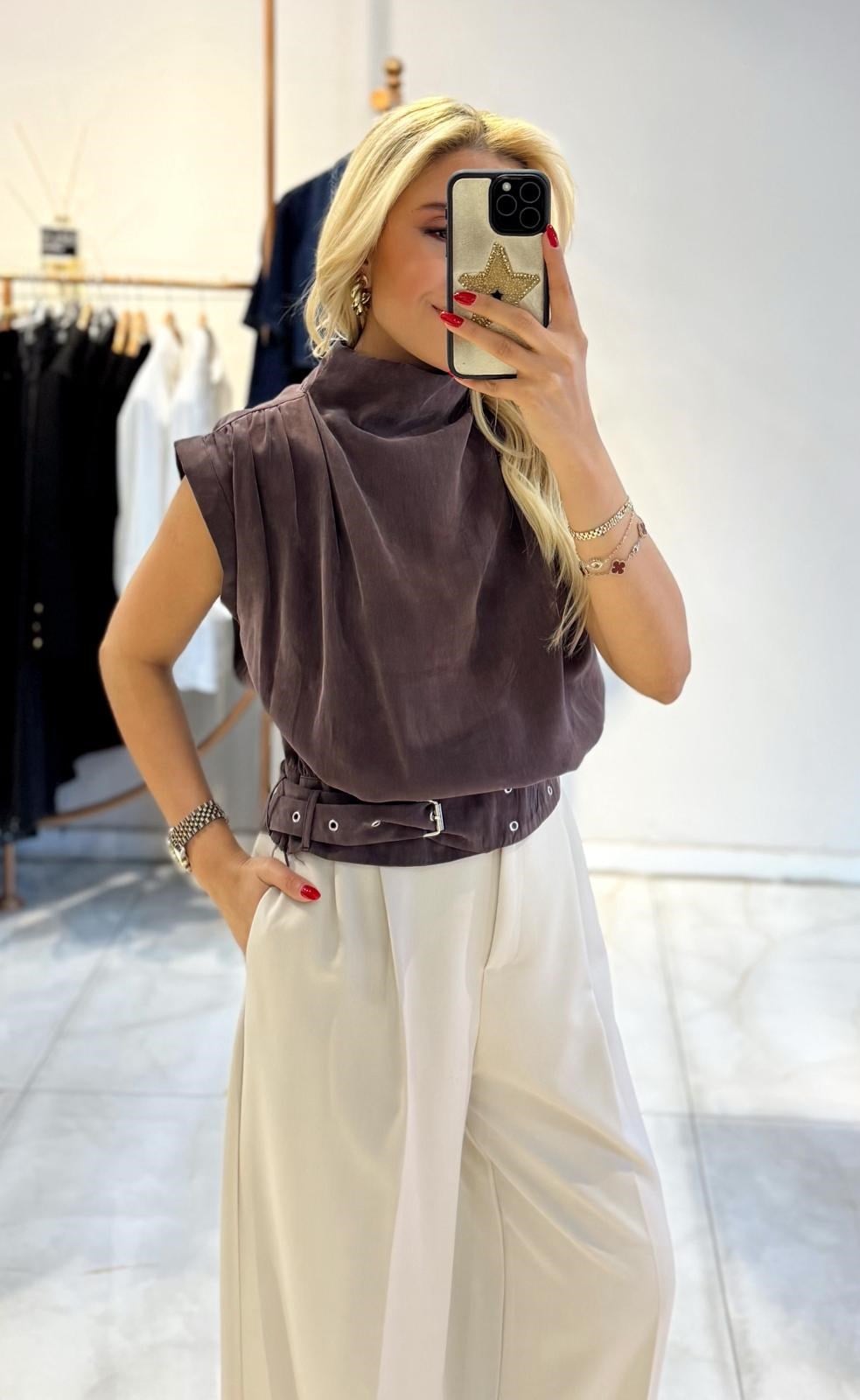 Brown Crep waist Buckle Top