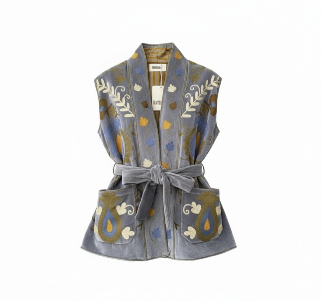 Blue Embroidery Velvet Vest