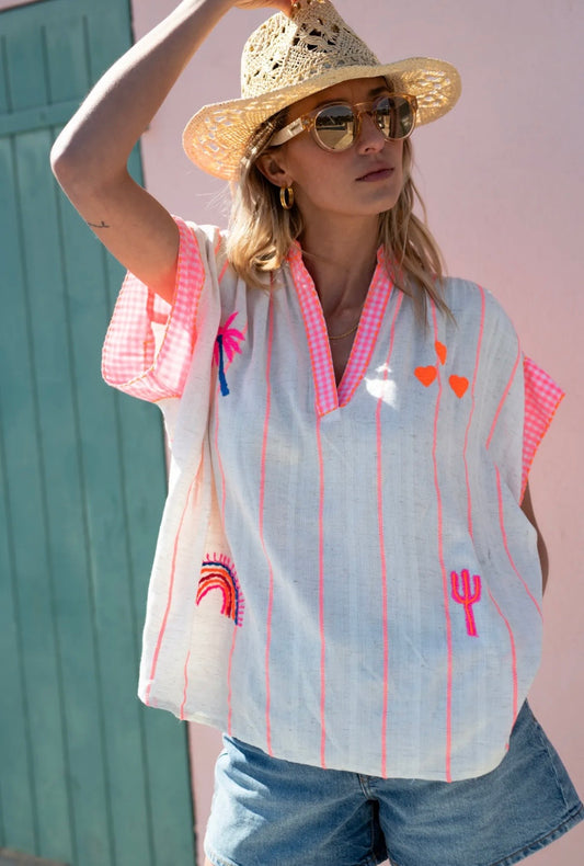 Pink x White Embroidery Short Sleeves Shirt