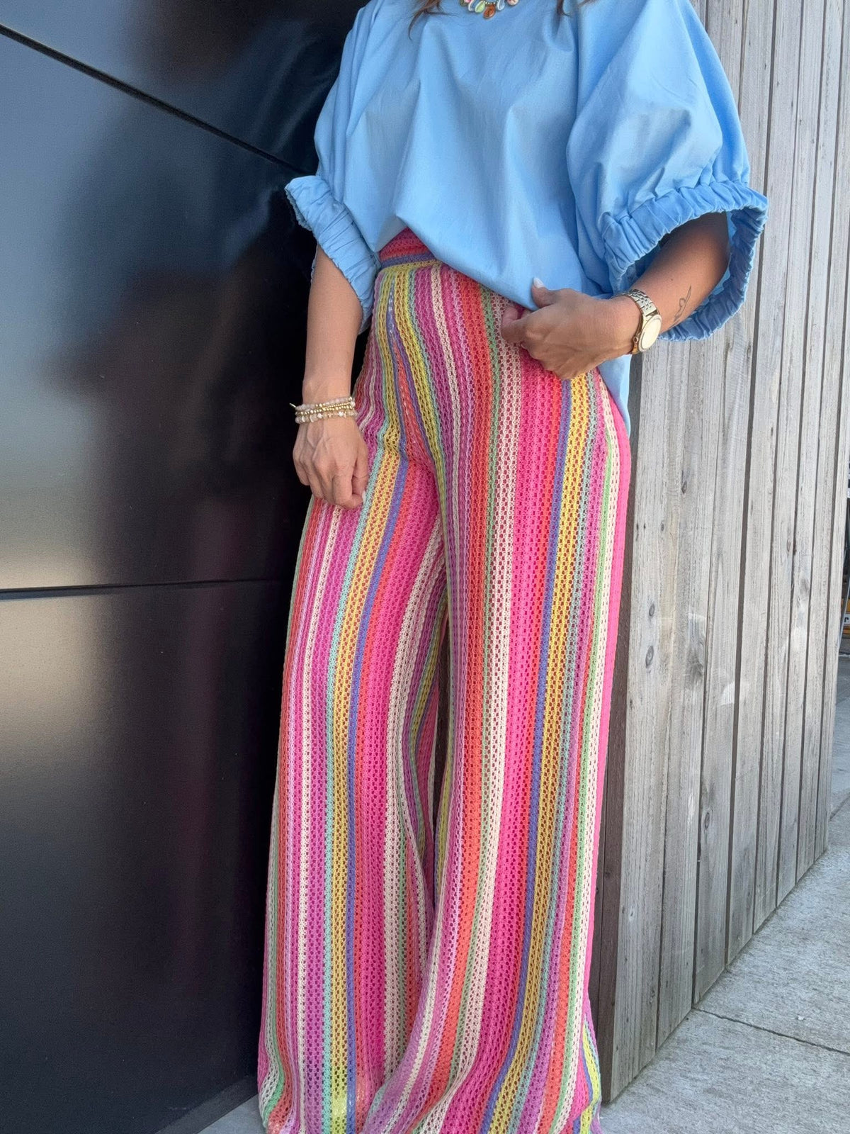 Knit Colorful Striped Wide Leg Pant