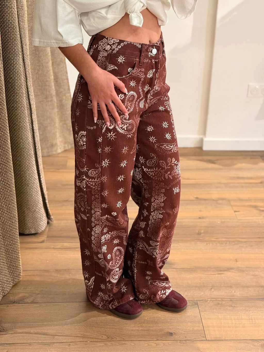 Burgundy Printed barrel Denim