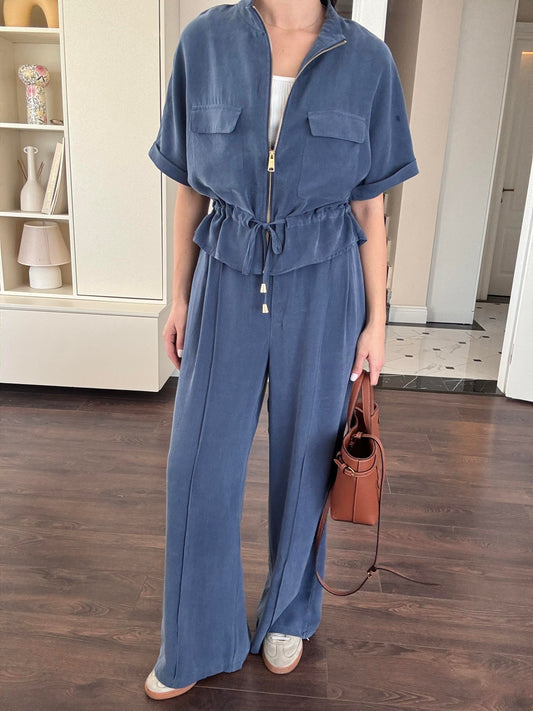 Viscose washed Blue Set with Zipper details