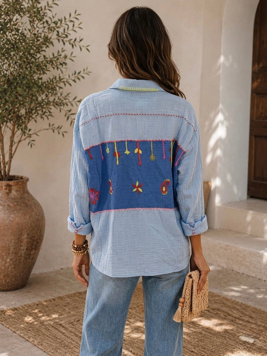 Tie Dye Embroidery Cotton Shirt