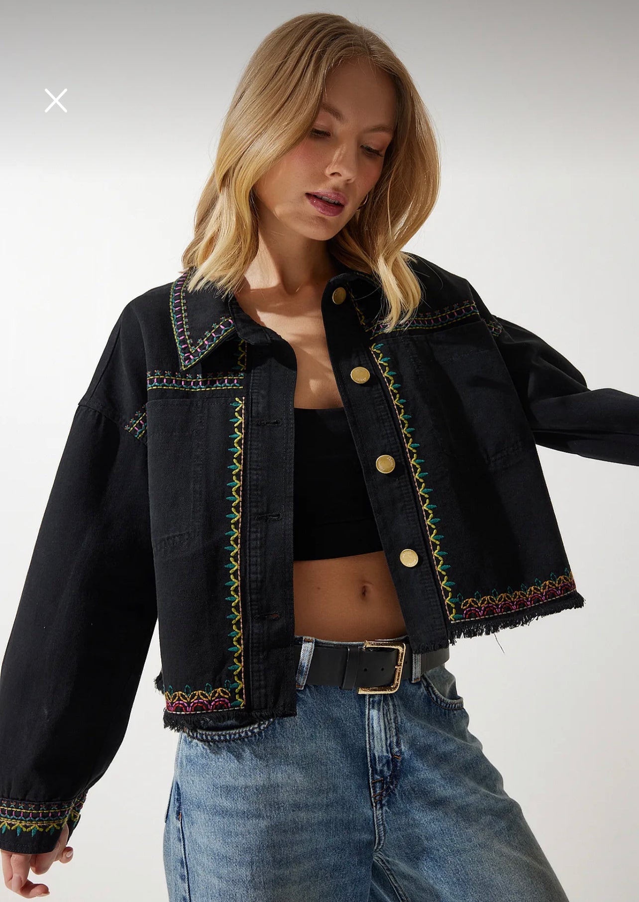 Women’s black embroidered oversized denim jacket