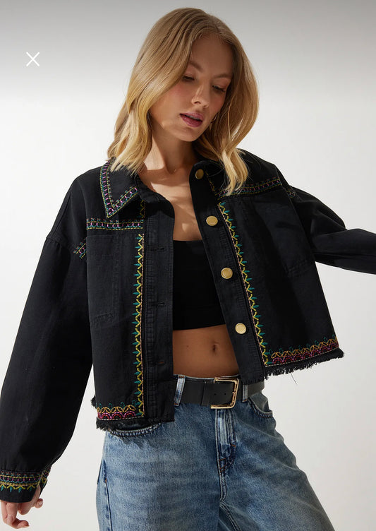 Women’s black embroidered oversized denim jacket