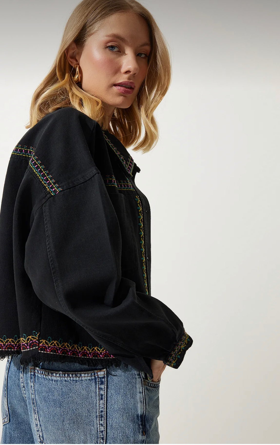 Women’s black embroidered oversized denim jacket