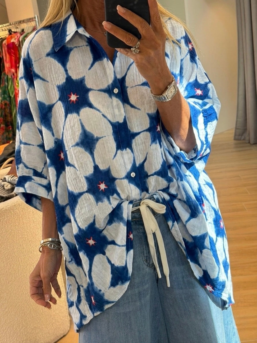 Overized blue tie dye embroidery shirt