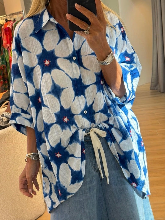 Overized blue tie dye embroidery shirt