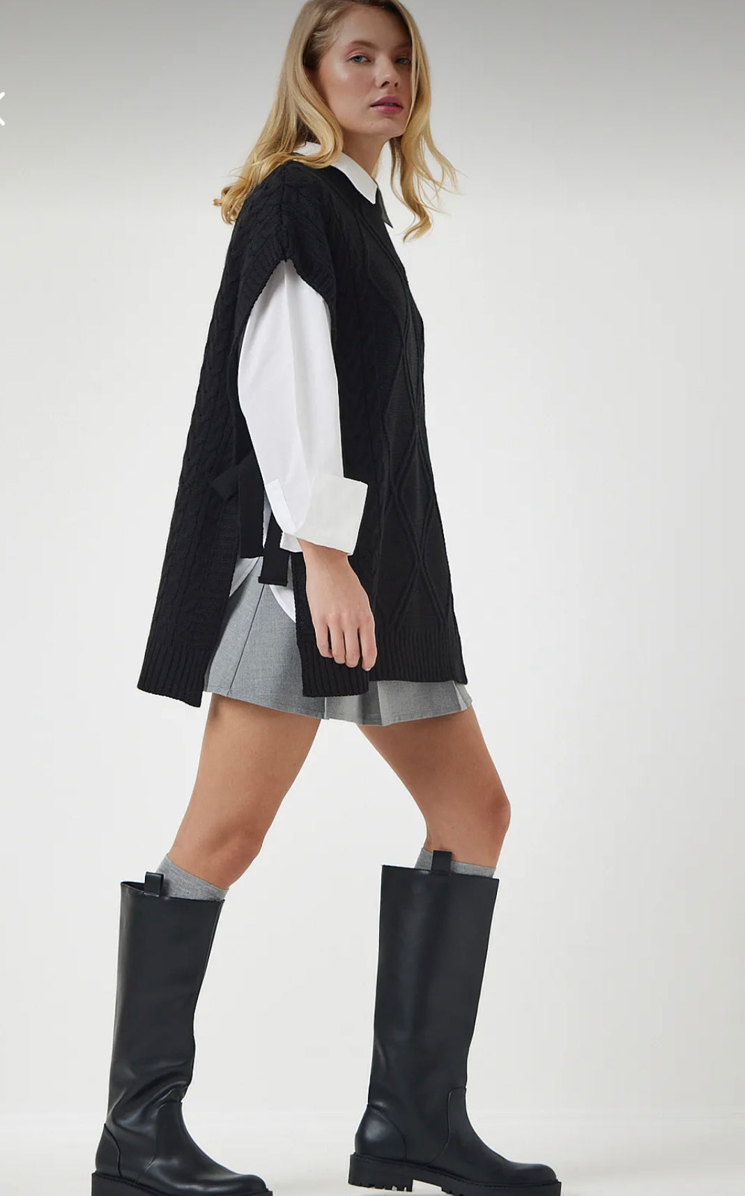 Black tie detail oversized knit sweater