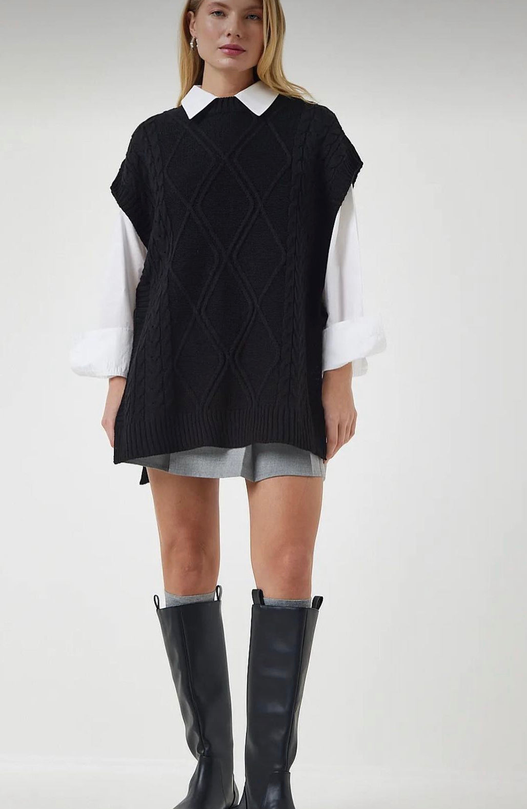 Black tie detail oversized knit sweater